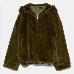 Zara Olive Green / Khaki Zip Up Faux Fur Hoodie with Pockets